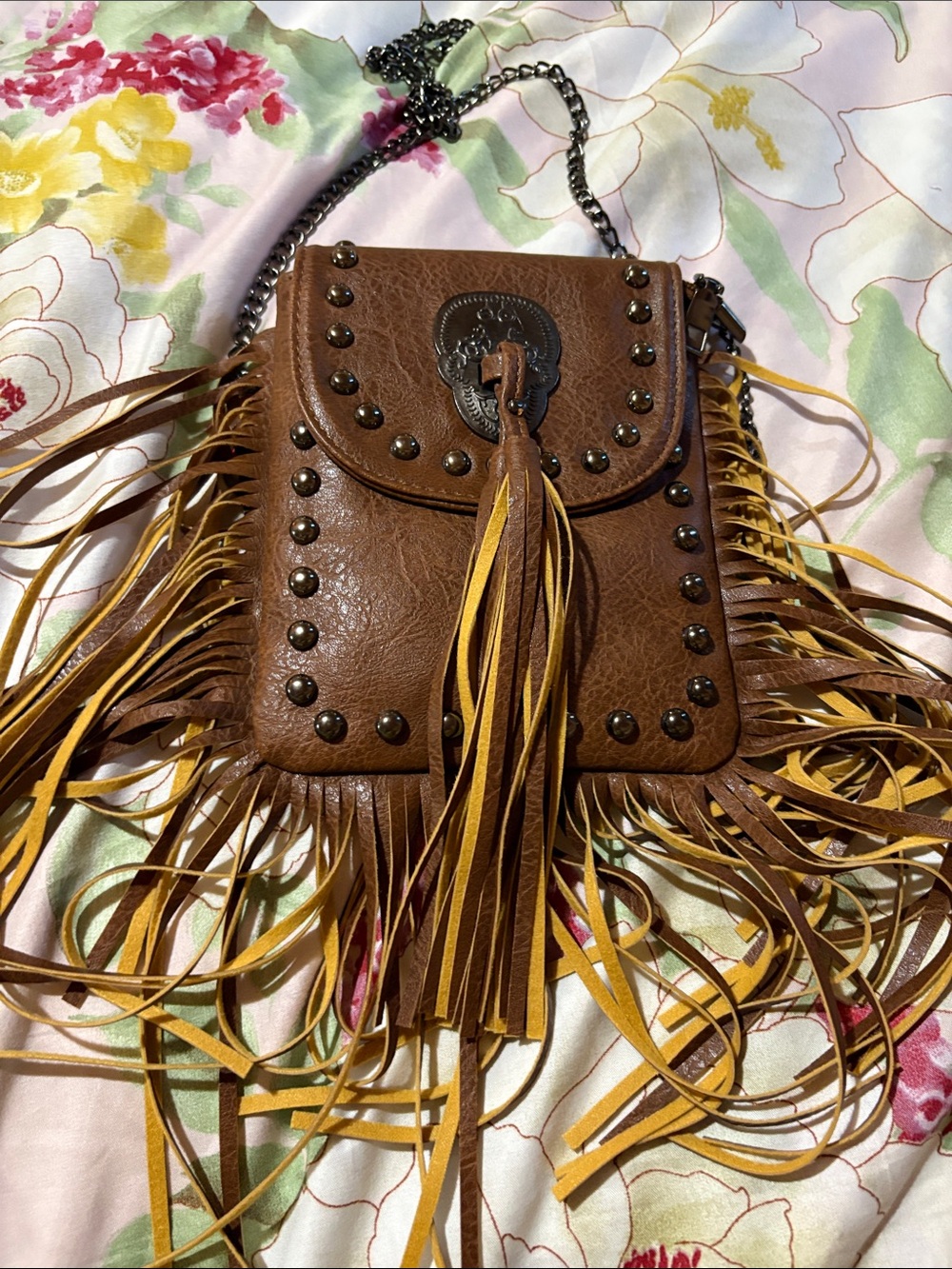 Source Unknown Brown Faux-Leather Fringe Crossbody with Tassel and Studs - Picture 1 of 2